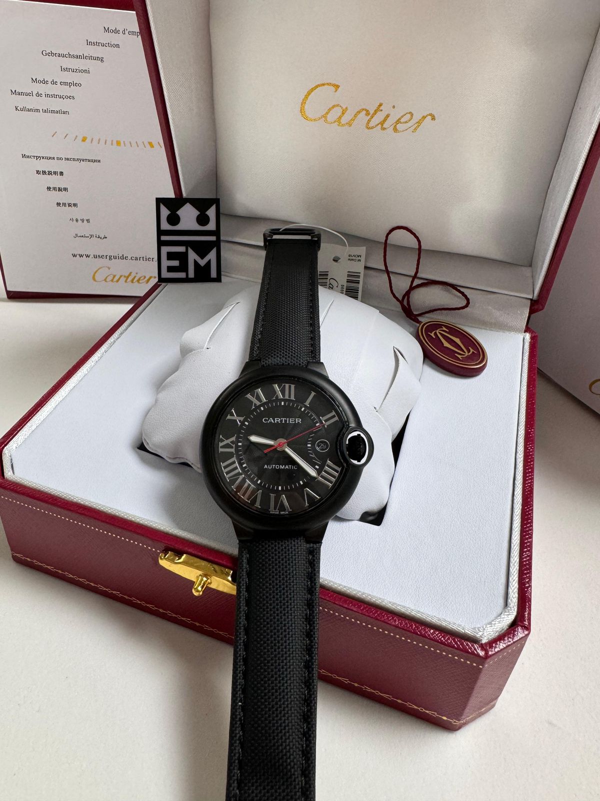 Relógio Masculino Cartier Ballon Réplica Premium Suíça Automático 42mm Safira Aço Inoxidável Couro