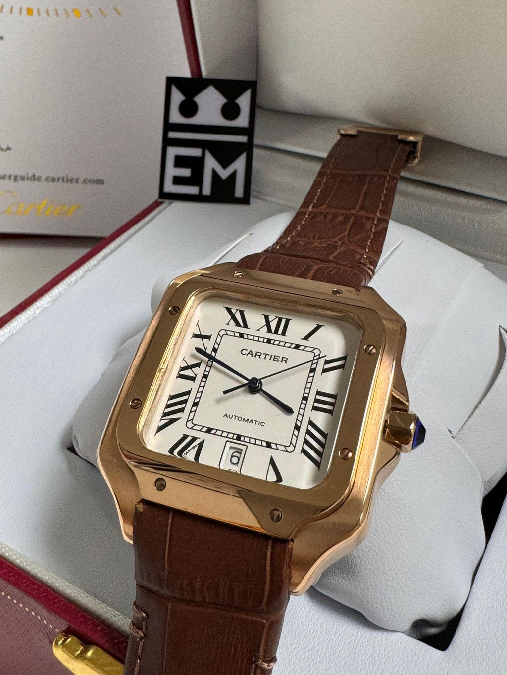 Relógio Cartier Santos Premium Automático Masculino - Couro, Safira, Dourado