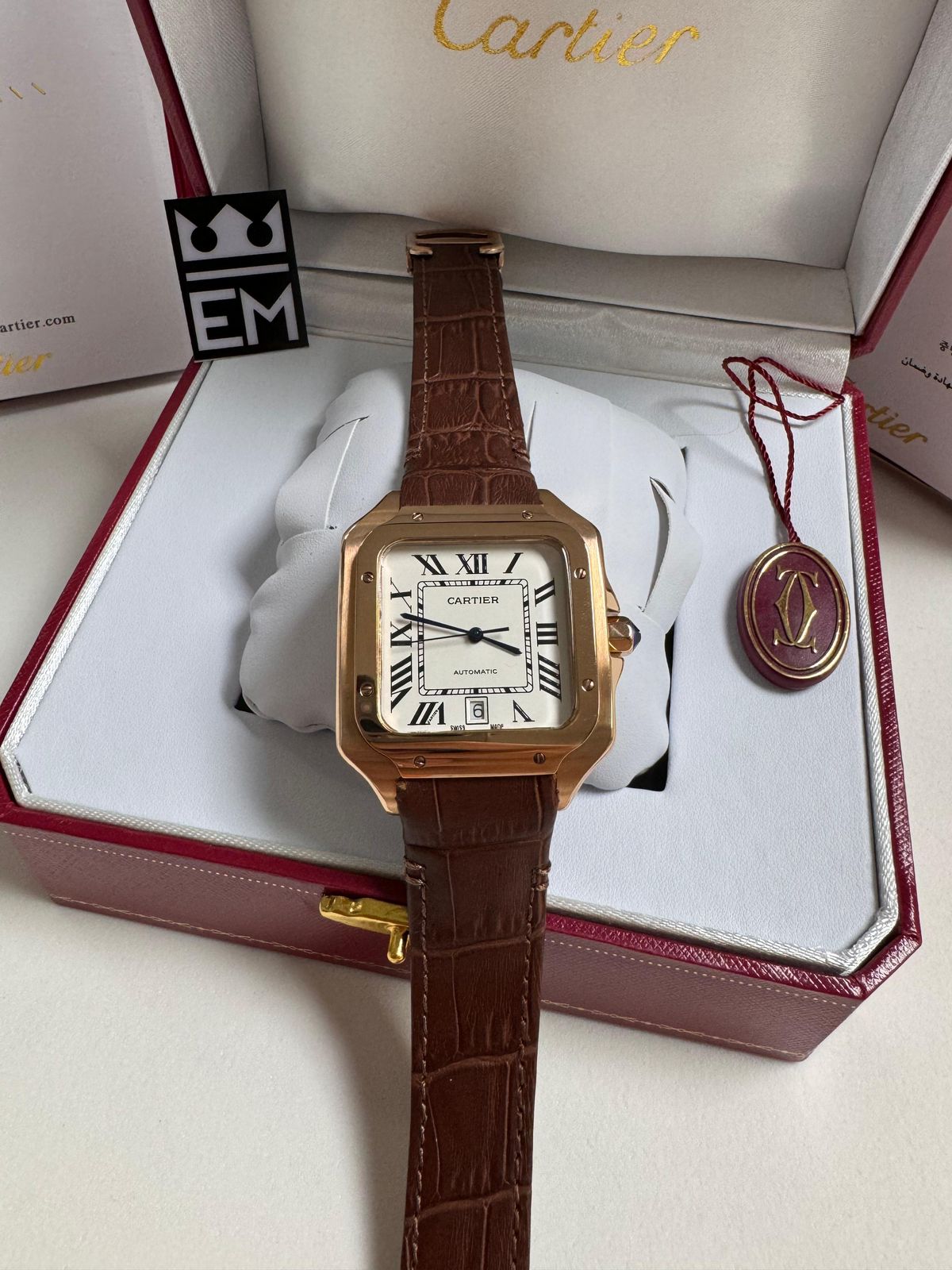 Relógio Cartier Santos Premium Automático Masculino - Couro, Safira, Dourado