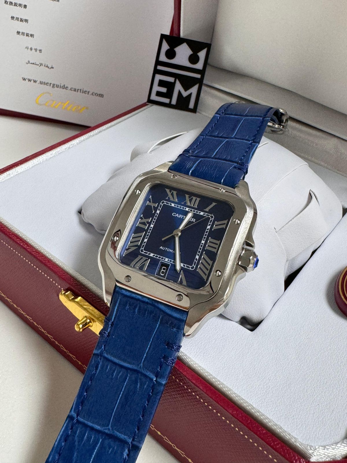 Relógio Cartier Santos Premium Automático 40mm Safira Aço Inoxidável Couro Luxuoso