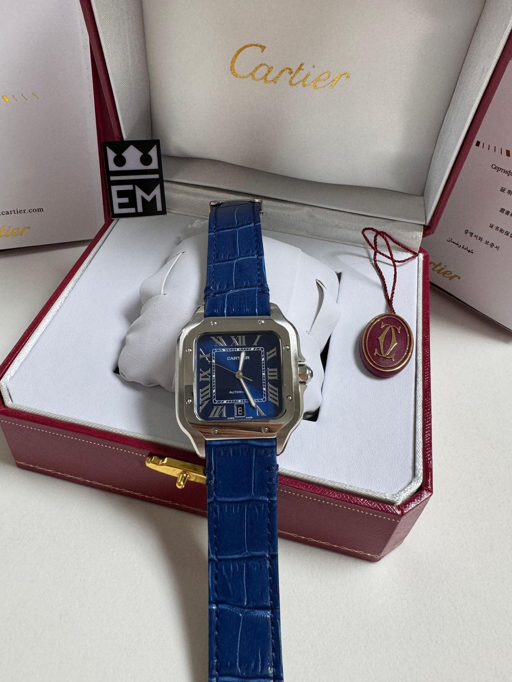 Relógio Cartier Santos Premium Automático 40mm Safira Aço Inoxidável Couro Luxuoso