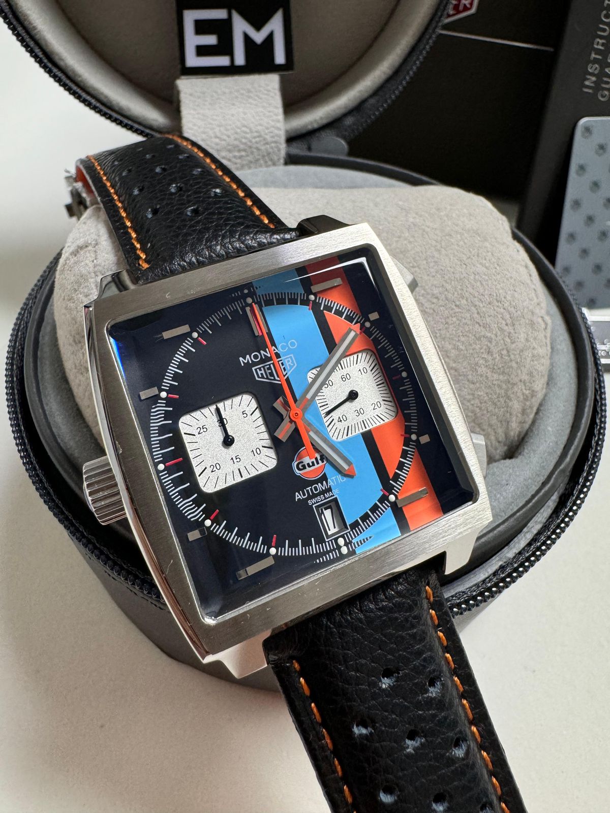 Relógio Tag Heuer Monaco Rosto Quadrado Réplica Exclusiva Aço Inoxidável Couro Safira